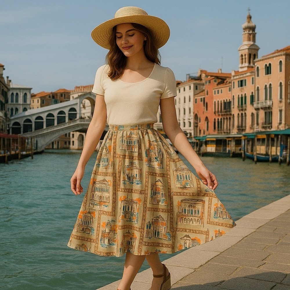 Vintage Kate Hill Size 10P Venice Italy Print Silk Blend Travel Artsy Midi Skirt